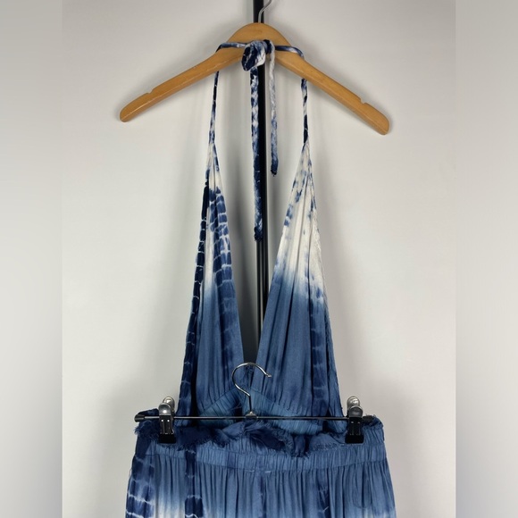En Creme Blue White Tie Dye Triangle Bust Elastic Waist Rayon Maxi Halter‎ Dress - Picture 8 of 11